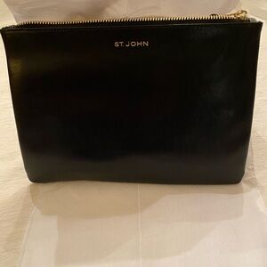 St. John Black Leather Clutch/Cosmetic Bag With Gold Zipper